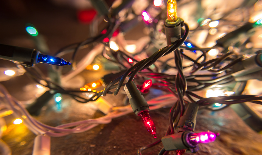 Colorful Christmas lights on the tree.